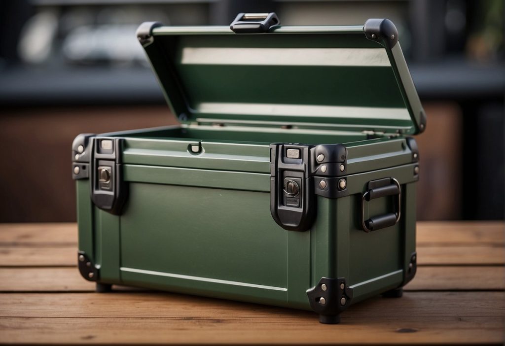 A sturdy deck box with reinforced corners and weather-resistant materials. Smooth hinges and secure latches for durability. Spacious interior with adjustable dividers for organization. Consideration of size, weight, and portability