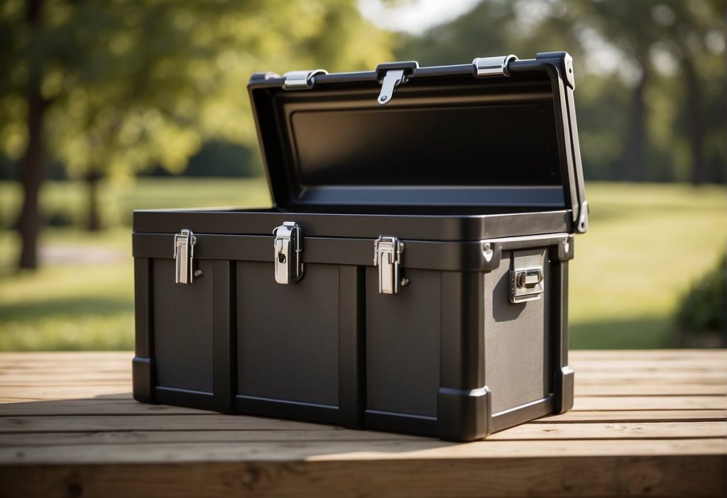 A sturdy deck box with reinforced corners and weather-resistant materials. A latch secures the lid, and the interior features dividers for organization. Quality and durability are evident in the construction