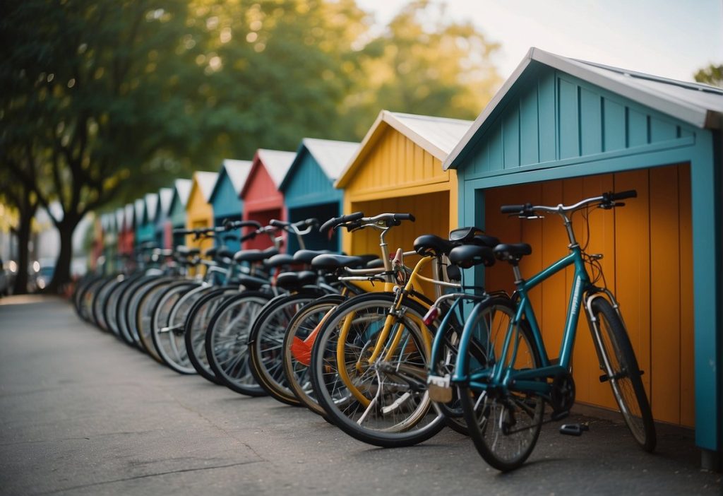 A row of colorful bike sheds lined up neatly, each with a unique design and labeled as the "7 Best Bike Sheds."