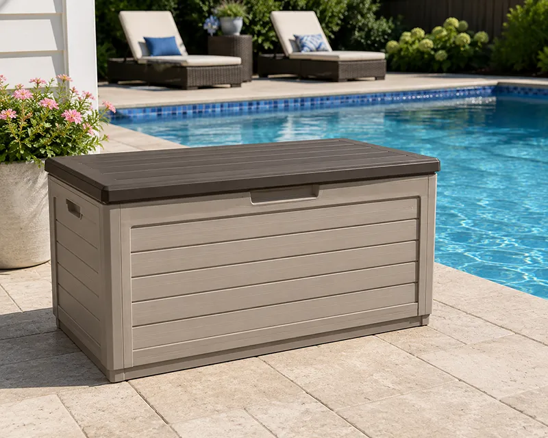deck box next to a pool