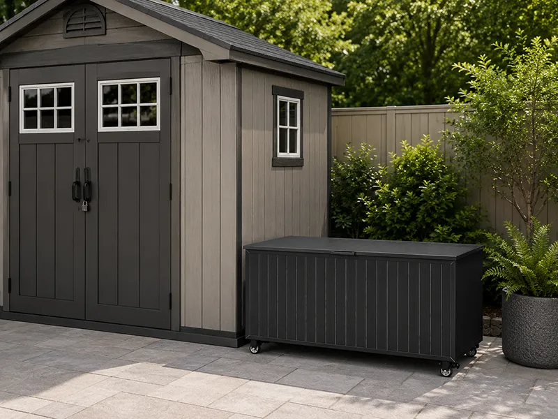 deck box next to shed