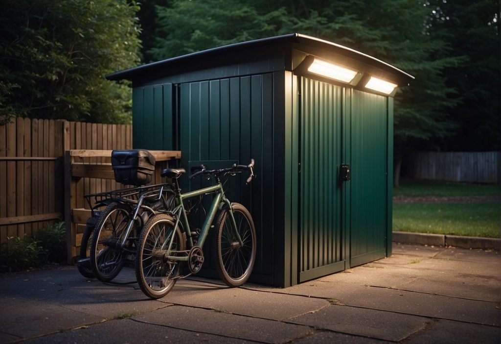 A sturdy bike shed with a heavy-duty lock, surrounded by a secure fence. A bright security light illuminates the area, deterring potential thieves