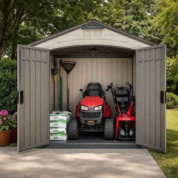 Big Max 7x7 shed with bags of concrete, riding mower and snow blower.