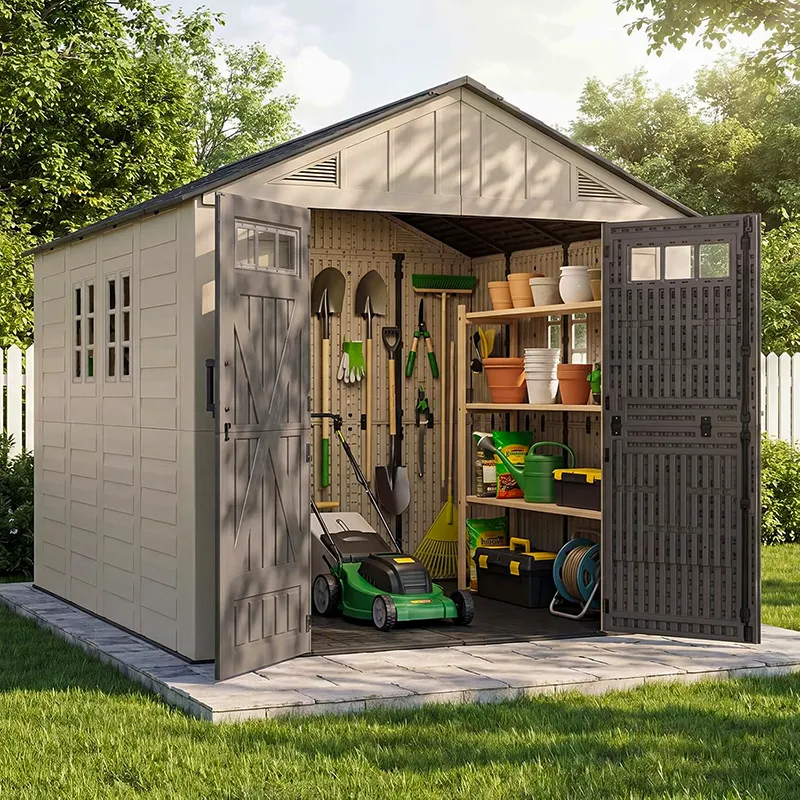 Aoxun 8x10 resin storage shed with double doors open