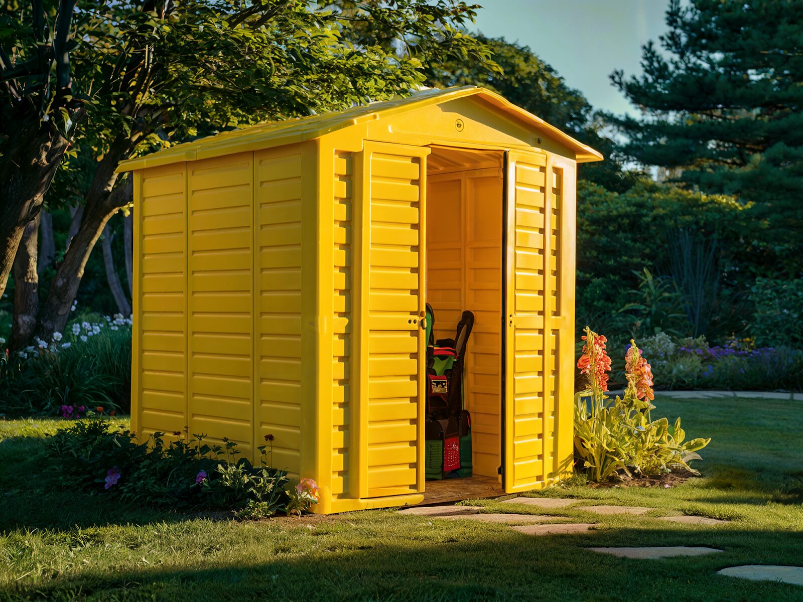 Resin storage shed in a backyard